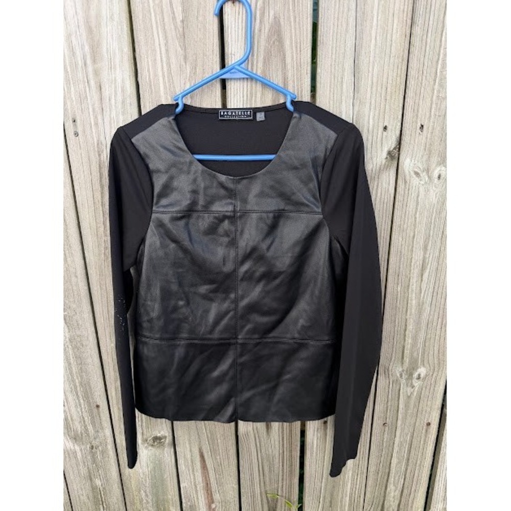 Edgy Bagatelle Top Womens Small Black Faux Leather Mixed Media Blouse
